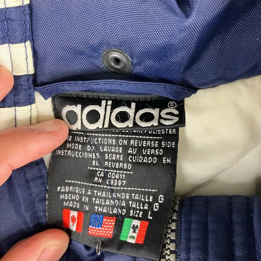 Adidas Jacket Mens Size Large Navy Blue Longline Puffer Coat‎ Striped Sleeve